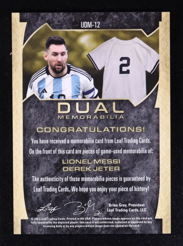 Lionel Messi/Derek Jeter 2022 Leaf Ultimate Dual Memorabilia Gold #UDM-12 #12/27 at PristineAuction.com Lionel Messi/Derek Jeter 2022 Leaf Ultimate Dual Memorabilia Gold #UDM-12 #12/27 at PristineAuction.com