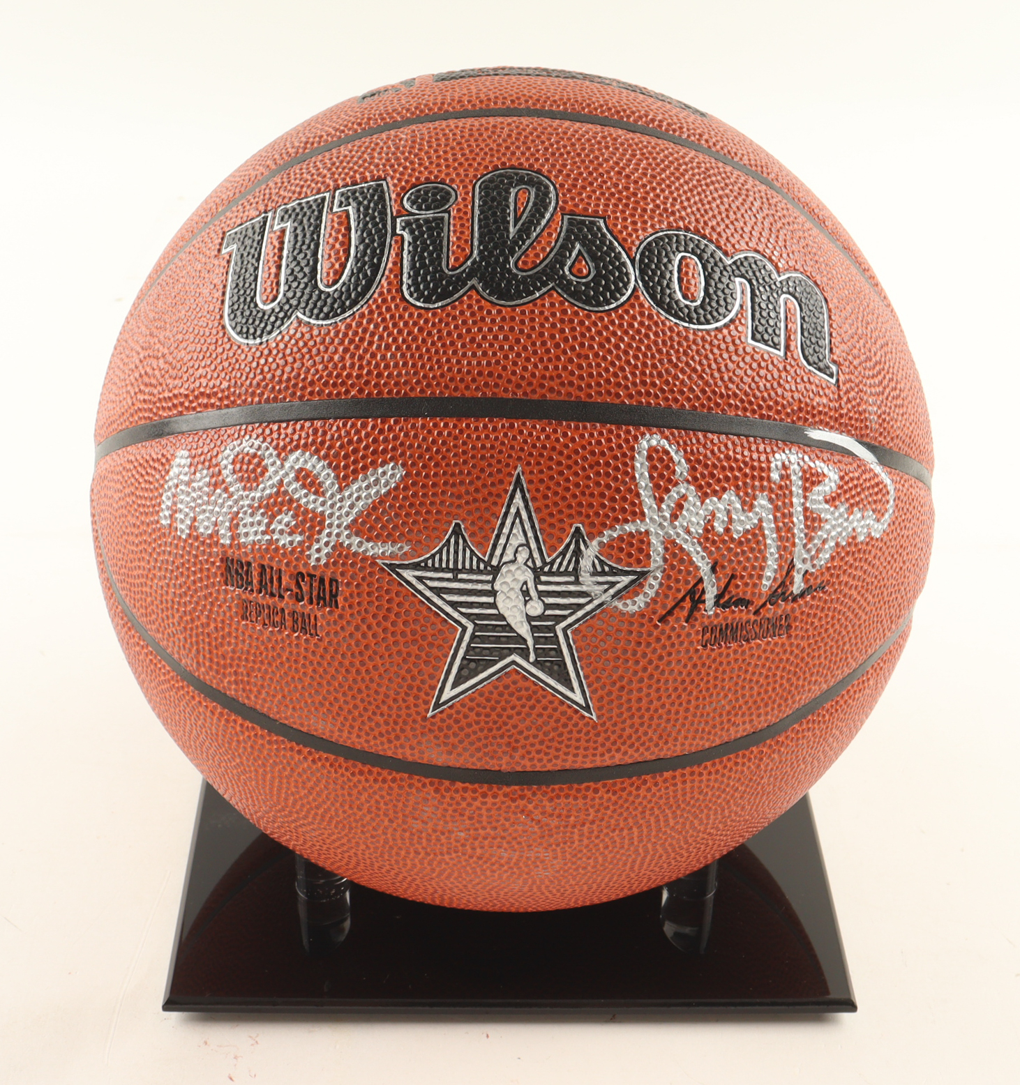 Magic Johnson & Larry Bird Signed NBA Silver All-Star Logo Basketball with Display Stand (Beckett & PSA) at PristineAuction.com Magic Johnson & Larry Bird Signed NBA Silver All-Star Logo Basketball with Display Stand (Beckett & PSA) at PristineAuction.com