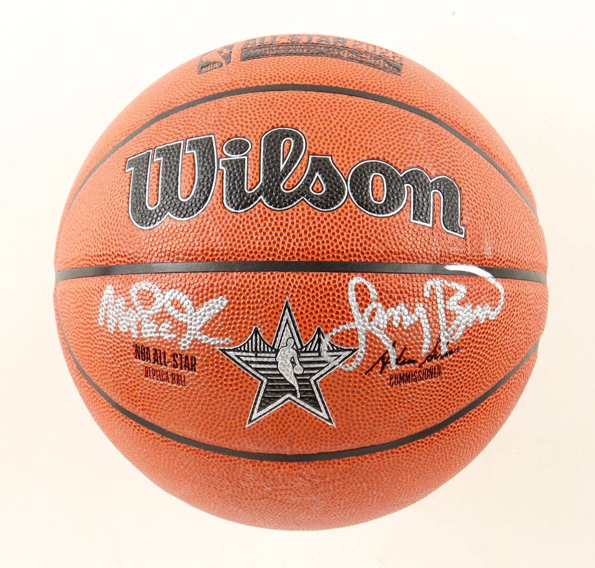 Magic Johnson & Larry Bird Signed NBA Silver All-Star Logo Basketball with Display Stand (Beckett & PSA) at PristineAuction.com Magic Johnson & Larry Bird Signed NBA Silver All-Star Logo Basketball with Display Stand (Beckett & PSA) at PristineAuction.com