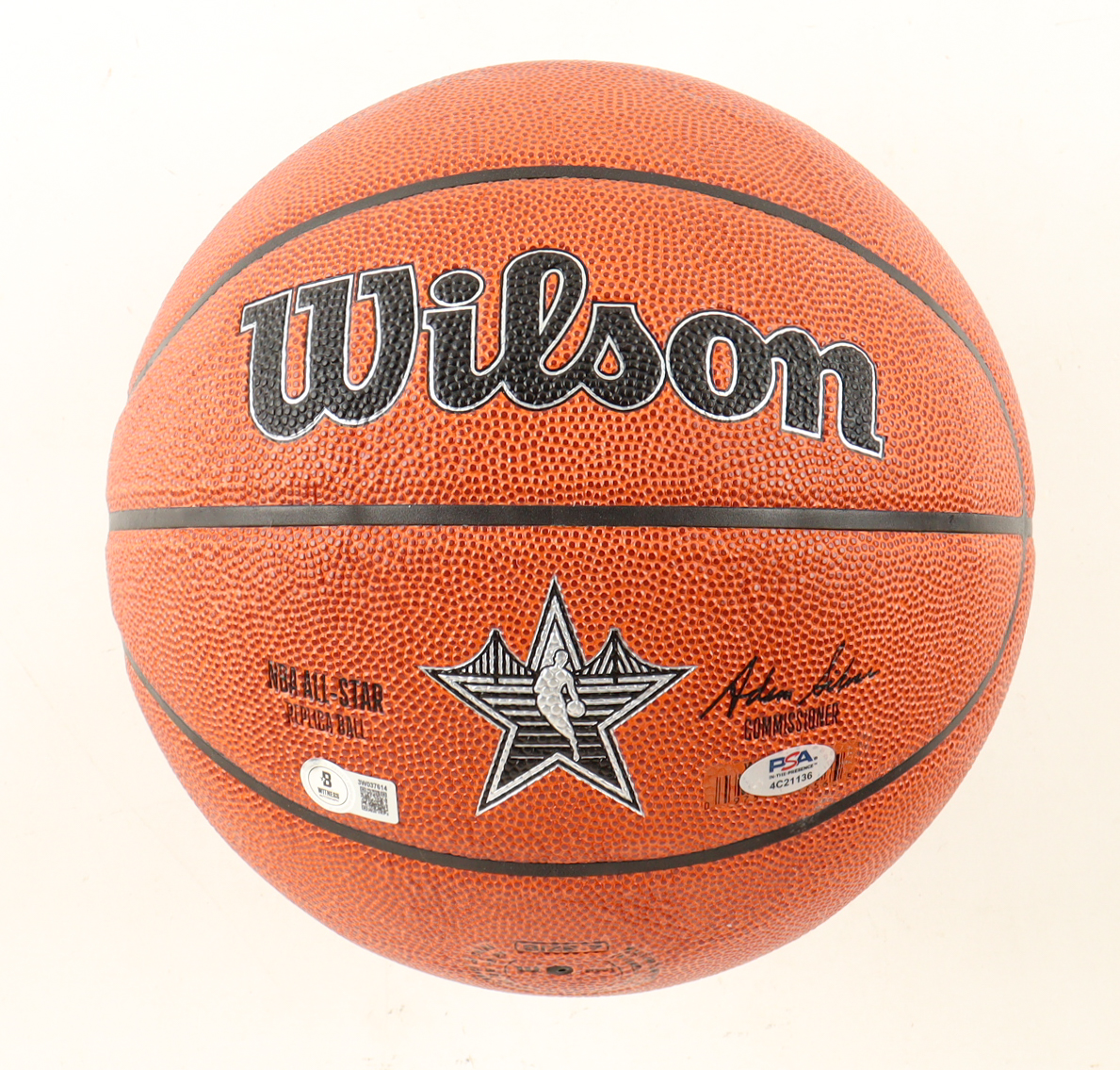 Magic Johnson & Larry Bird Signed NBA Silver All-Star Logo Basketball with Display Stand (Beckett & PSA) at PristineAuction.com Magic Johnson & Larry Bird Signed NBA Silver All-Star Logo Basketball with Display Stand (Beckett & PSA) at PristineAuction.com