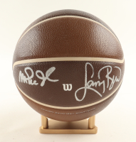 Magic Johnson & Larry Bird Signed NBA Throwback Basketball with Display Stand (Beckett & PSA) at PristineAuction.com