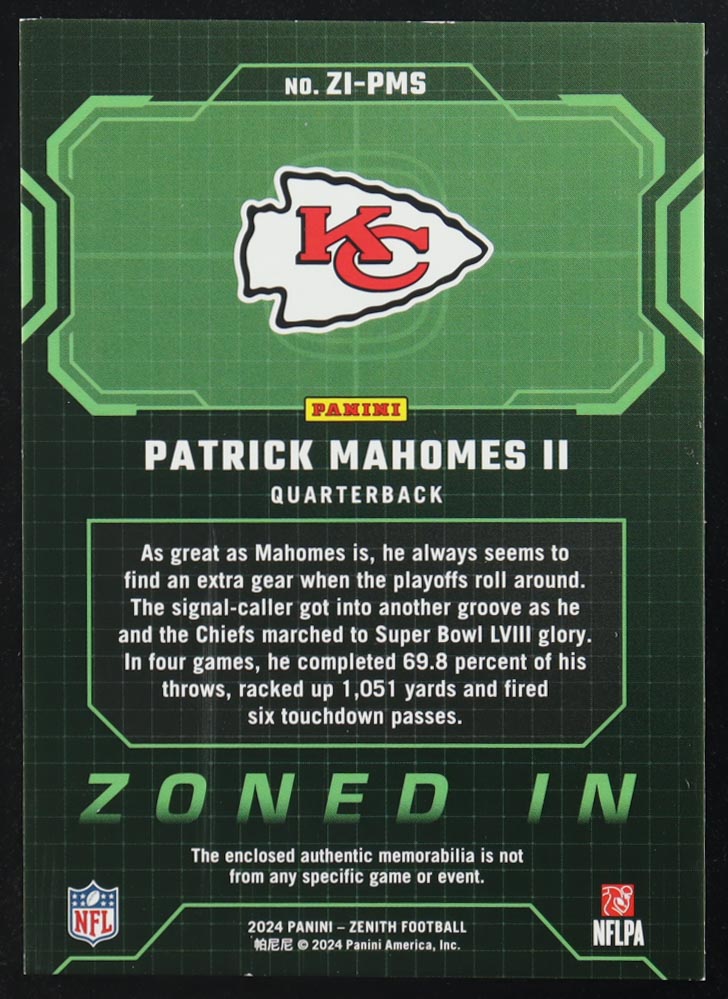 Patrick Mahomes II 2024 Zenith Zoned In Jerseys #8 at PristineAuction.com Patrick Mahomes II 2024 Zenith Zoned In Jerseys #8 at PristineAuction.com