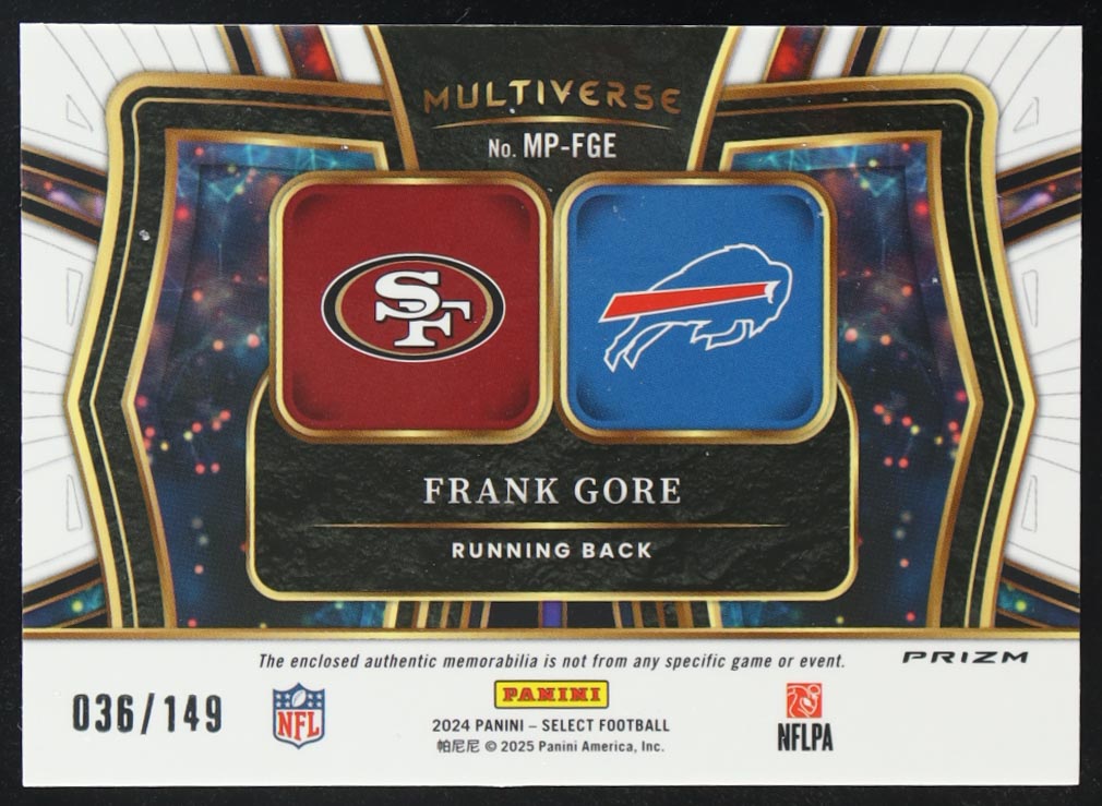 Frank Gore 2024 Select Multiverse Dual Jerseys Prizm #3 #036/149 at PristineAuction.com Frank Gore 2024 Select Multiverse Dual Jerseys Prizm #3 #036/149 at PristineAuction.com