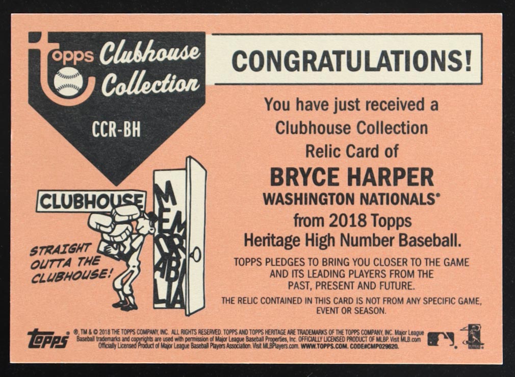 Bryce Harper 2018 Topps Heritage Clubhouse Collection Relics HN #CCRBH at PristineAuction.com Bryce Harper 2018 Topps Heritage Clubhouse Collection Relics HN #CCRBH at PristineAuction.com