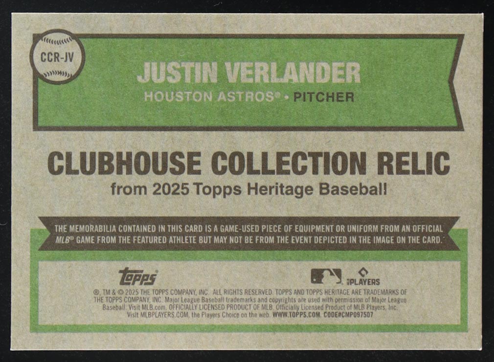 Justin Verlander 2025 Topps Heritage Clubhouse Collection Relics #CCRJV at PristineAuction.com Justin Verlander 2025 Topps Heritage Clubhouse Collection Relics #CCRJV at PristineAuction.com