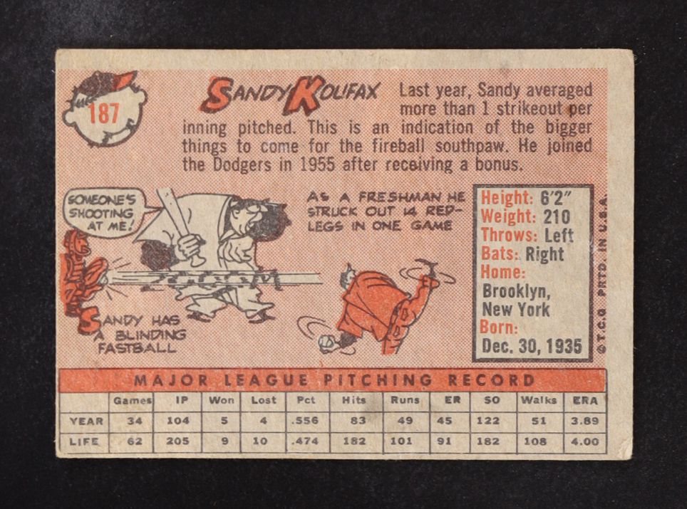 Sandy Koufax 1958 Topps #187 at PristineAuction.com Sandy Koufax 1958 Topps #187 at PristineAuction.com