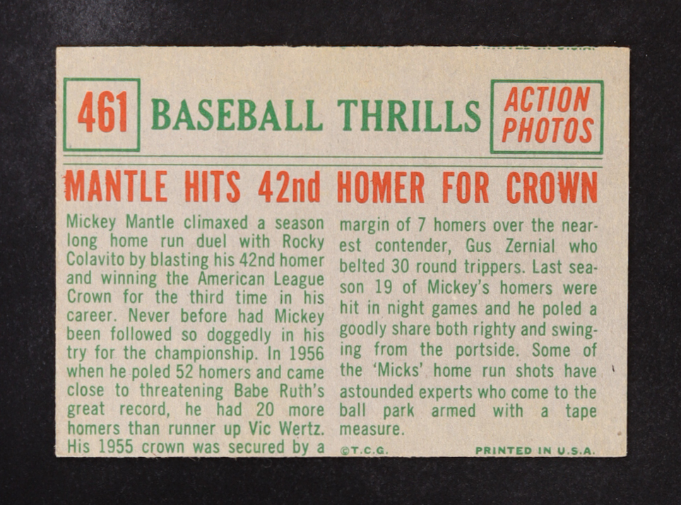 Mickey Mantle 1959 Topps BT/42nd Homer #461 at PristineAuction.com Mickey Mantle 1959 Topps BT/42nd Homer #461 at PristineAuction.com