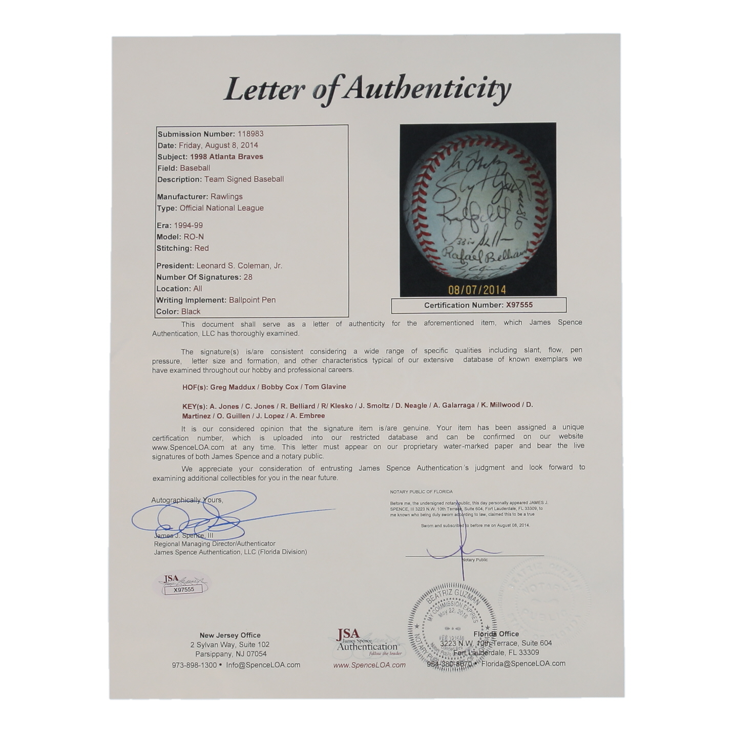 1998 Atlanta Braves | ONL Baseball Team-Signed by (28) with Greg Maddux, Bobby Cox, Tom Glavine (JSA) at PristineAuction.com 1998 Atlanta Braves | ONL Baseball Team-Signed by (28) with Greg Maddux, Bobby Cox, Tom Glavine (JSA) at PristineAuction.com