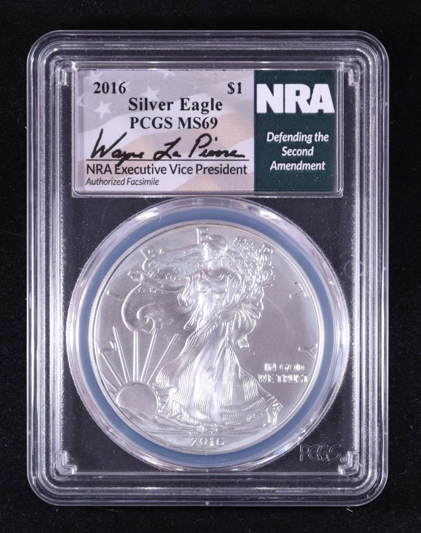 2016 American Silver Eagle, NRA Defending the 2nd Amendment - Wayne LaPierre Signature Label (PCGS MS69) at PristineAuction.com 2016 American Silver Eagle, NRA Defending the 2nd Amendment - Wayne LaPierre Signature Label (PCGS MS69) at PristineAuction.com