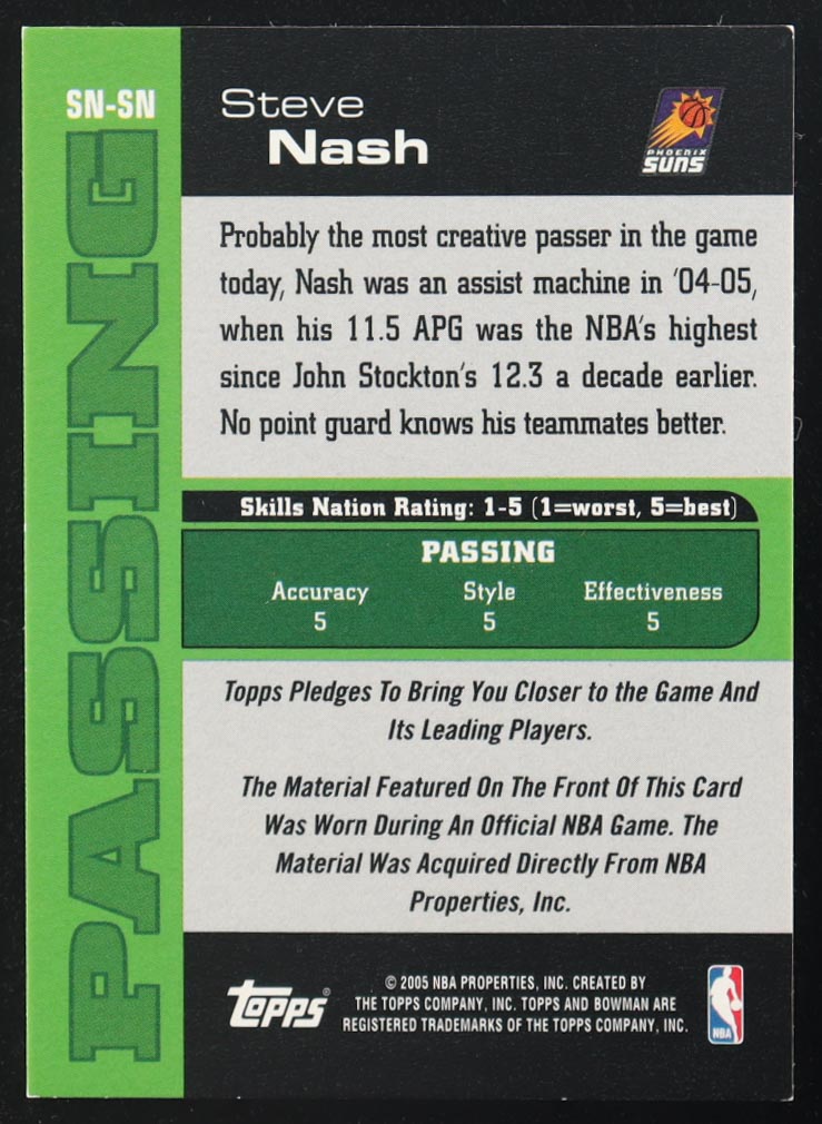 Steve Nash 2005-06 Bowman Skills Nation Relics #SN at PristineAuction.com Steve Nash 2005-06 Bowman Skills Nation Relics #SN at PristineAuction.com