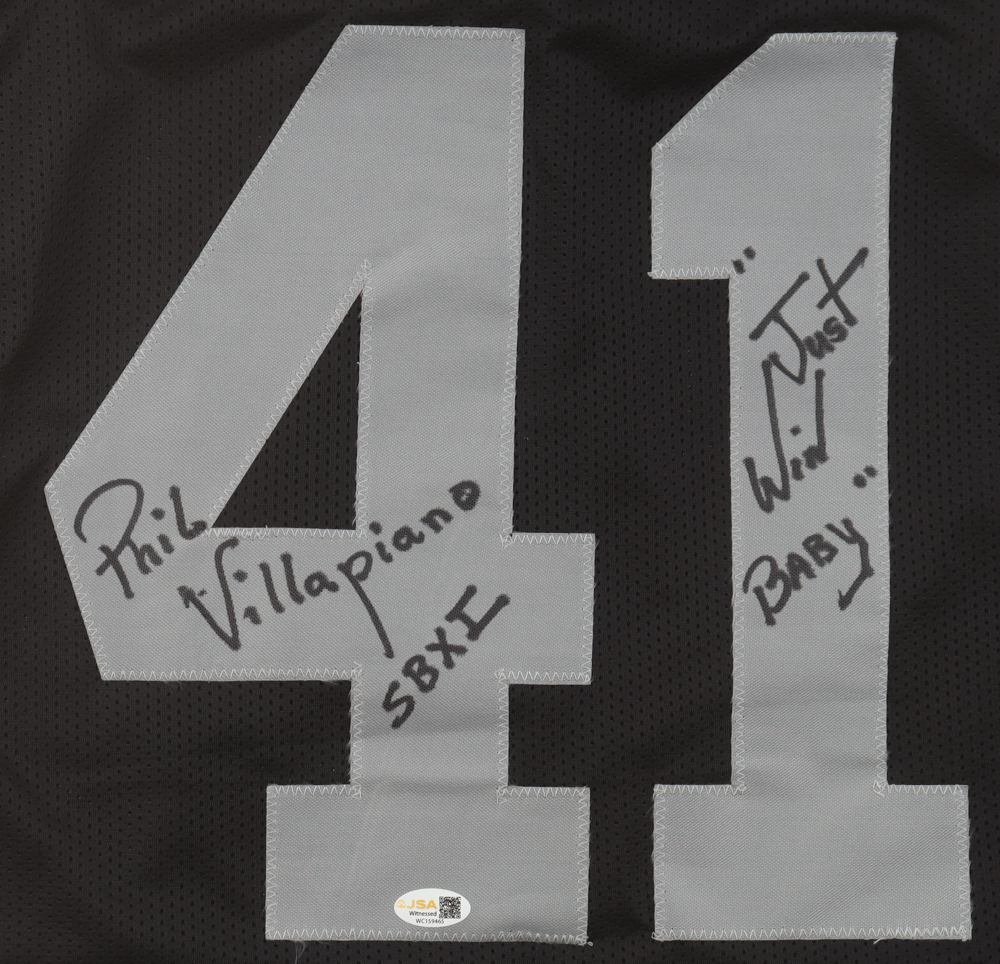 Phil Villapiano Signed Jersey Inscribed "SBXI" &  "'Just Win Baby'" (JSA) at PristineAuction.com Phil Villapiano Signed Jersey Inscribed "SBXI" &  "'Just Win Baby'" (JSA) at PristineAuction.com