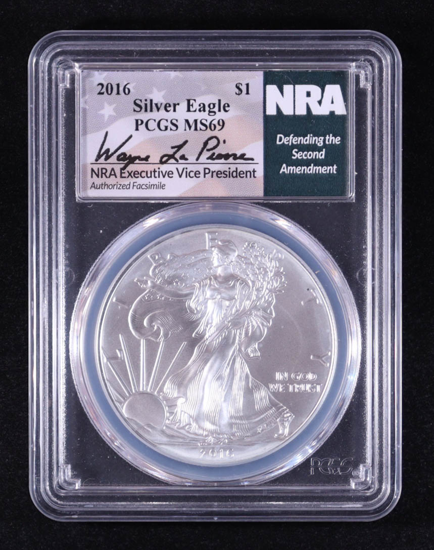2016 American Silver Eagle, NRA Defending the 2nd Amendment - Wayne LaPierre Signature Label (PCGS MS69) at PristineAuction.com 2016 American Silver Eagle, NRA Defending the 2nd Amendment - Wayne LaPierre Signature Label (PCGS MS69) at PristineAuction.com