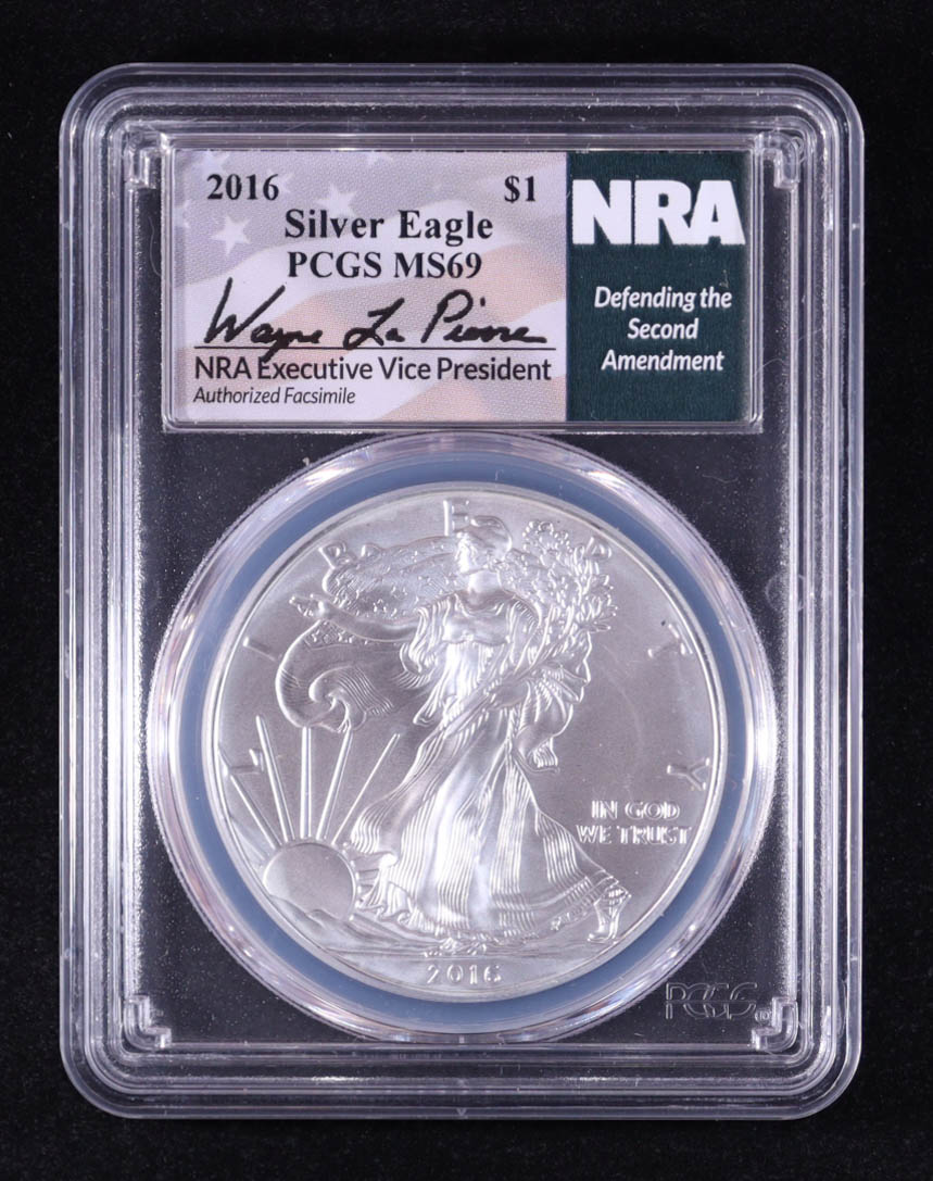 2016 American Silver Eagle, NRA Defending the 2nd Amendment - Wayne LaPierre Signature Label (PCGS MS69) at PristineAuction.com 2016 American Silver Eagle, NRA Defending the 2nd Amendment - Wayne LaPierre Signature Label (PCGS MS69) at PristineAuction.com