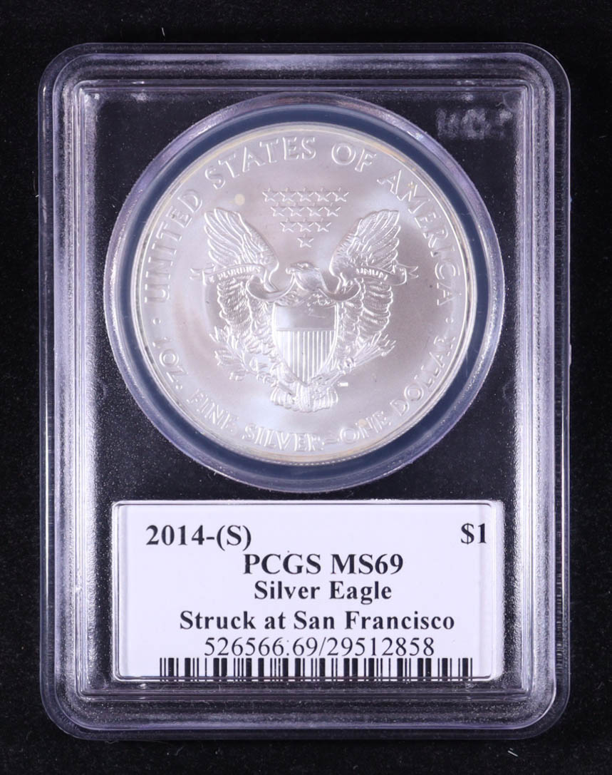 2014-(S) American Silver Eagle, Struck at San Francisco - Edmond C. Moy Signature Label (PCGS MS69) at PristineAuction.com 2014-(S) American Silver Eagle, Struck at San Francisco - Edmond C. Moy Signature Label (PCGS MS69) at PristineAuction.com