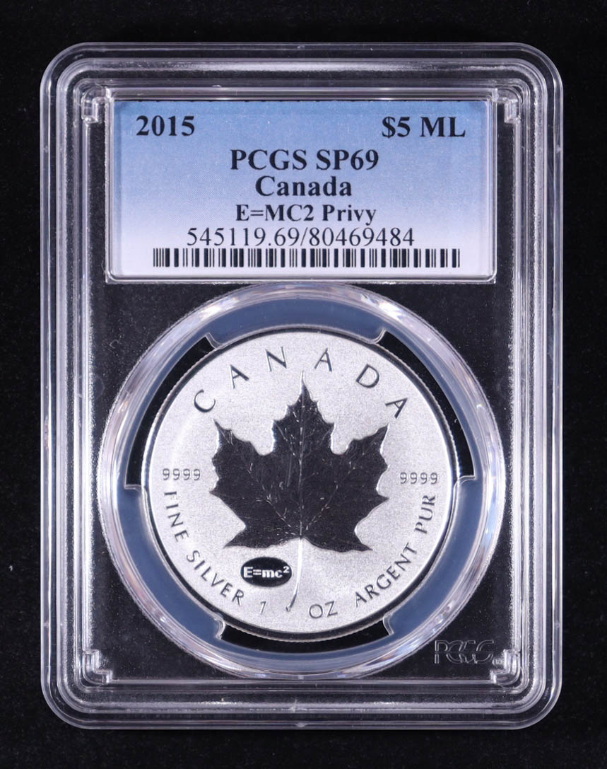 2015 Canada $5 Maple Leaf, E=MC² Privy - 1oz .9999 Fine Silver Coin (PCGS SP69) at PristineAuction.com 2015 Canada $5 Maple Leaf, E=MC² Privy - 1oz .9999 Fine Silver Coin (PCGS SP69) at PristineAuction.com