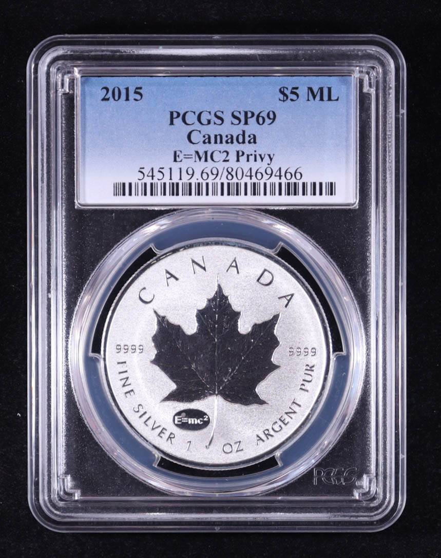 2015 Canada $5 Maple Leaf, E=MC² Privy - 1oz .9999 Fine Silver Coin (PCGS SP69) at PristineAuction.com 2015 Canada $5 Maple Leaf, E=MC² Privy - 1oz .9999 Fine Silver Coin (PCGS SP69) at PristineAuction.com