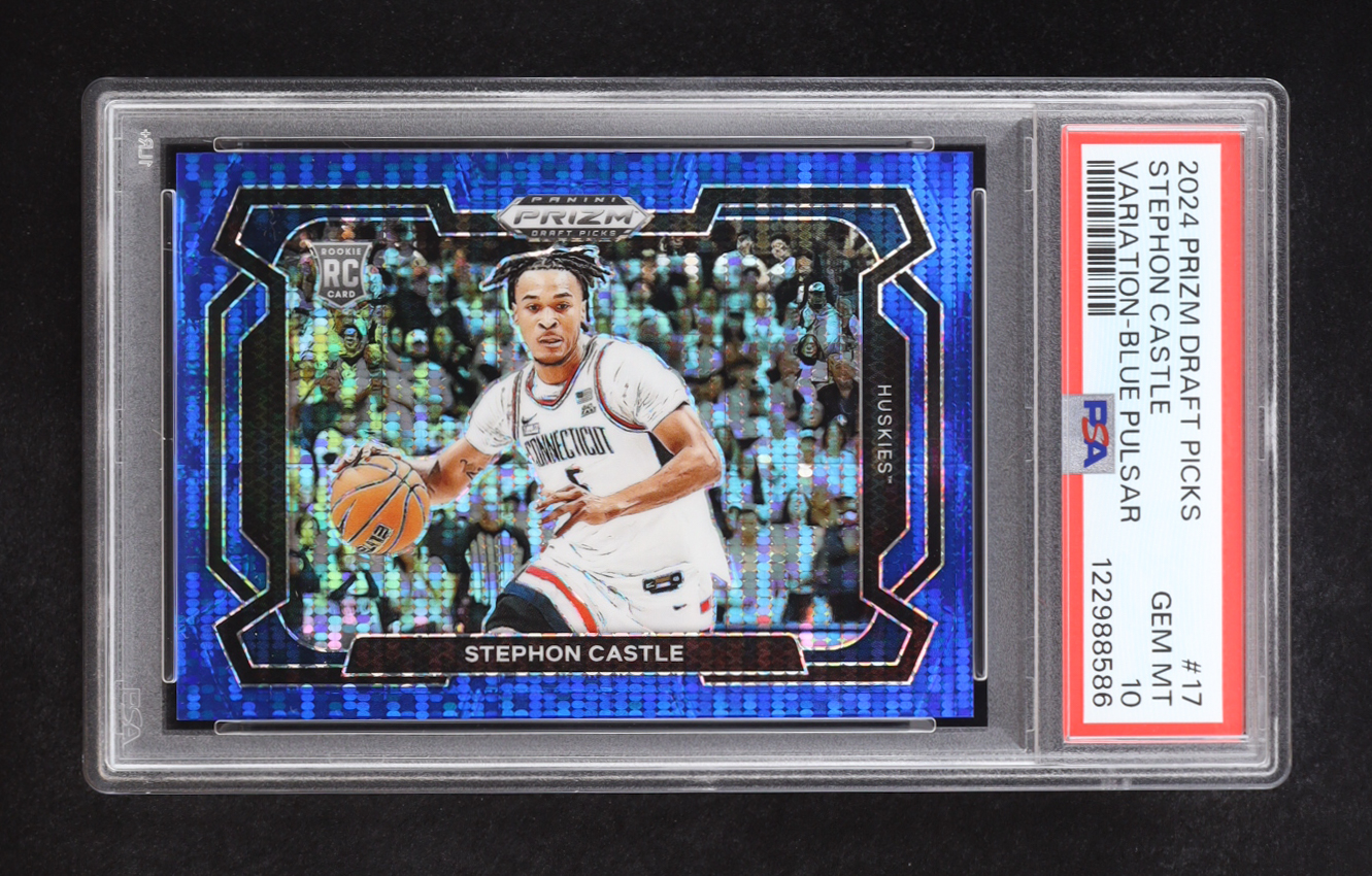 Stephon Castle 2024-25 Panini Prizm Draft Picks Variation Prizms Blue Pulsar #17 #17/99 RC (PSA 10) at PristineAuction.com Stephon Castle 2024-25 Panini Prizm Draft Picks Variation Prizms Blue Pulsar #17 #17/99 RC (PSA 10) at PristineAuction.com