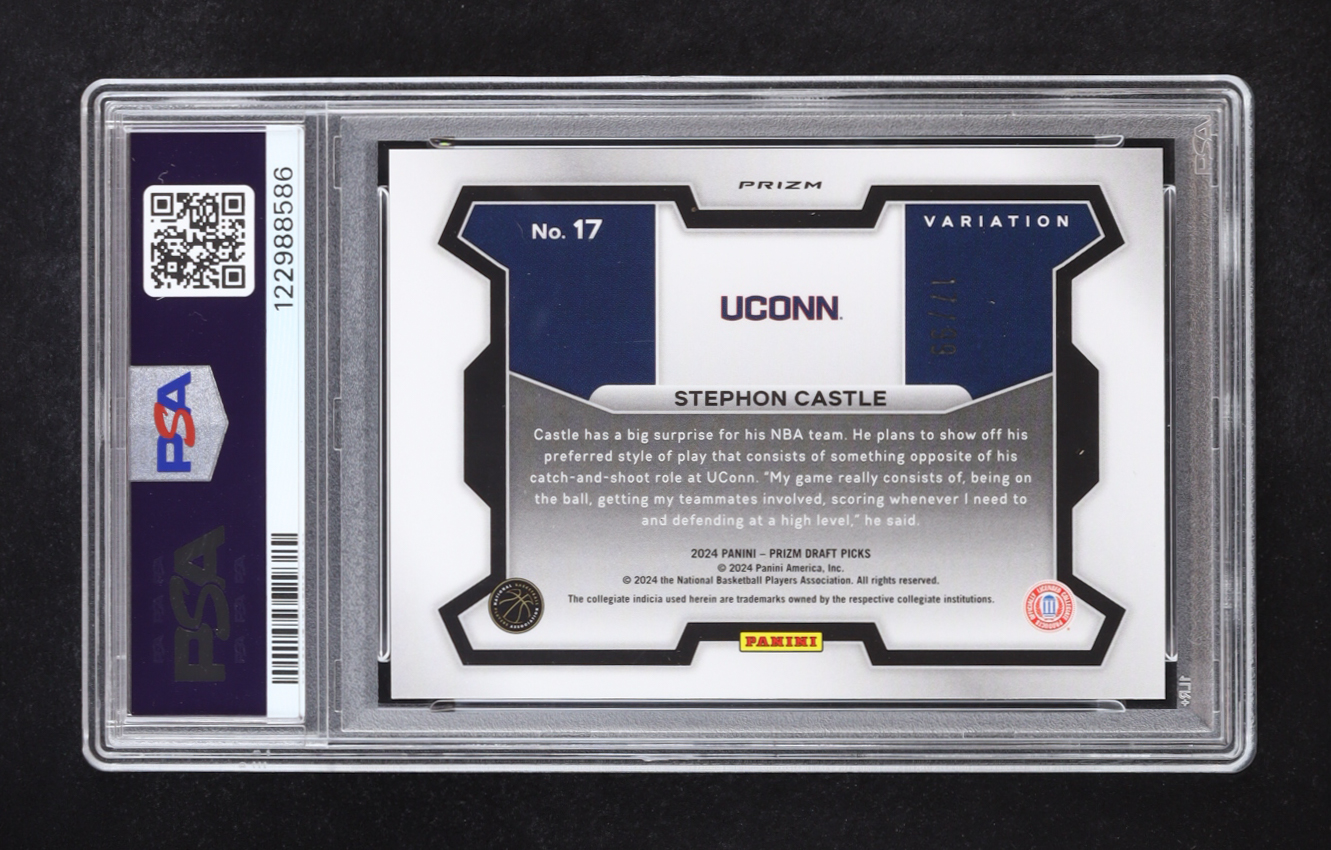 Stephon Castle 2024-25 Panini Prizm Draft Picks Variation Prizms Blue Pulsar #17 #17/99 RC (PSA 10) at PristineAuction.com Stephon Castle 2024-25 Panini Prizm Draft Picks Variation Prizms Blue Pulsar #17 #17/99 RC (PSA 10) at PristineAuction.com