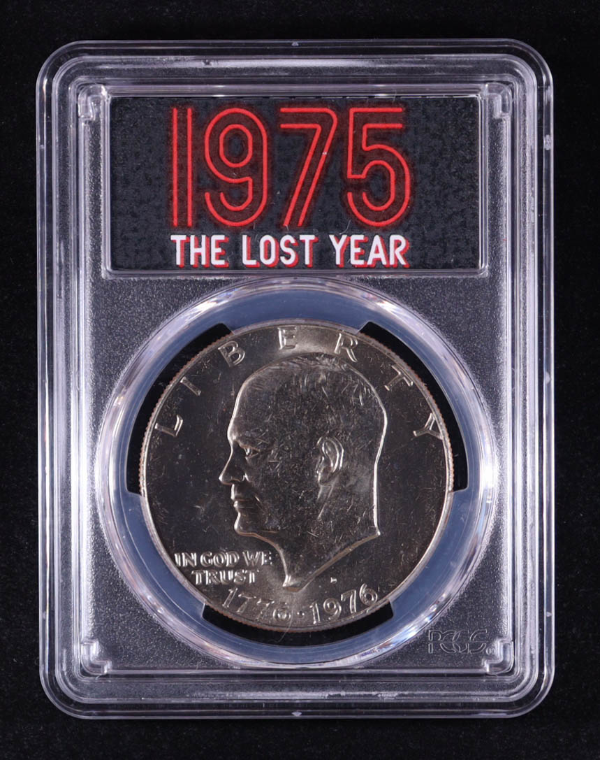1976-D (1975) Eisenhower Silver Dollar, Type 1 - 1975 "The Lost Year" Mint Set (PCGS MS64) at PristineAuction.com 1976-D (1975) Eisenhower Silver Dollar, Type 1 - 1975 "The Lost Year" Mint Set (PCGS MS64) at PristineAuction.com