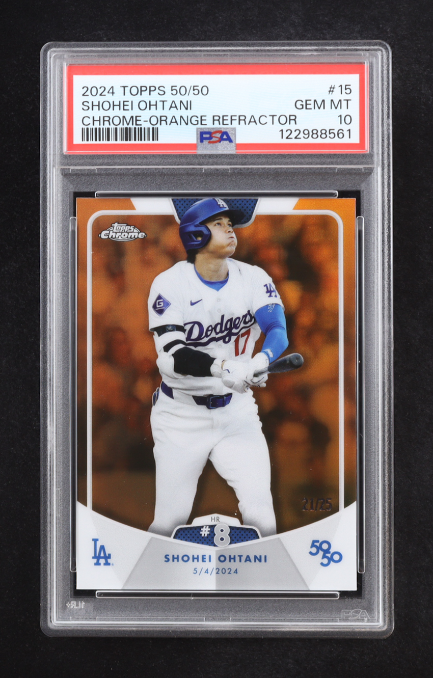 Shohei Ohtani 2024 Topps 50/50 Ohtani Chrome Orange Refractors #15 #21/25 (PSA 10) at PristineAuction.com Shohei Ohtani 2024 Topps 50/50 Ohtani Chrome Orange Refractors #15 #21/25 (PSA 10) at PristineAuction.com
