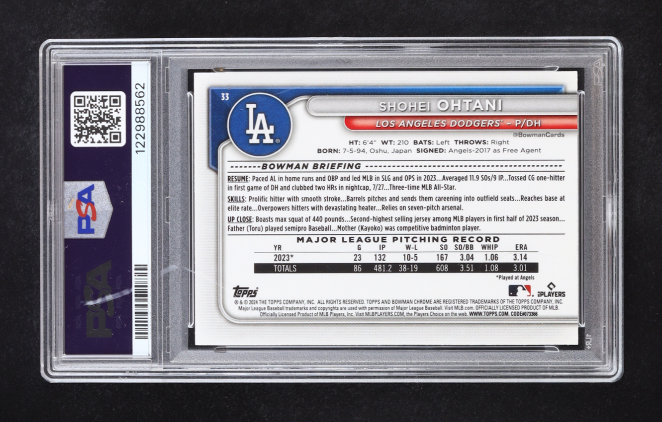 Shohei Ohtani 2024 Bowman Chrome Bowman Mega Box Pink Refractors #33 #130/199 (PSA 10) at PristineAuction.com Shohei Ohtani 2024 Bowman Chrome Bowman Mega Box Pink Refractors #33 #130/199 (PSA 10) at PristineAuction.com