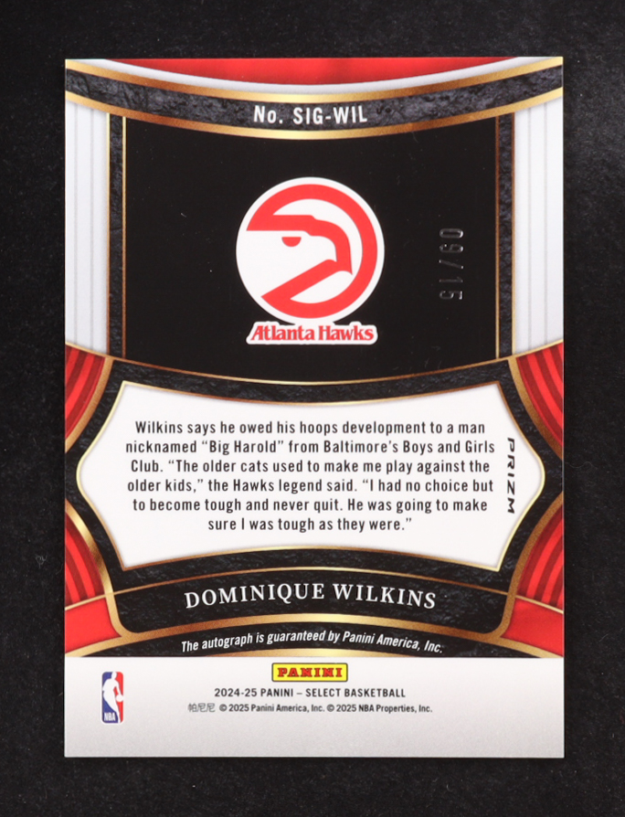 Dominique Wilkins 2024-25 Panini Select Signatures Neon Purple Pulsar Prizms FOTL #SIG-WIL #9/15 at PristineAuction.com Dominique Wilkins 2024-25 Panini Select Signatures Neon Purple Pulsar Prizms FOTL #SIG-WIL #9/15 at PristineAuction.com