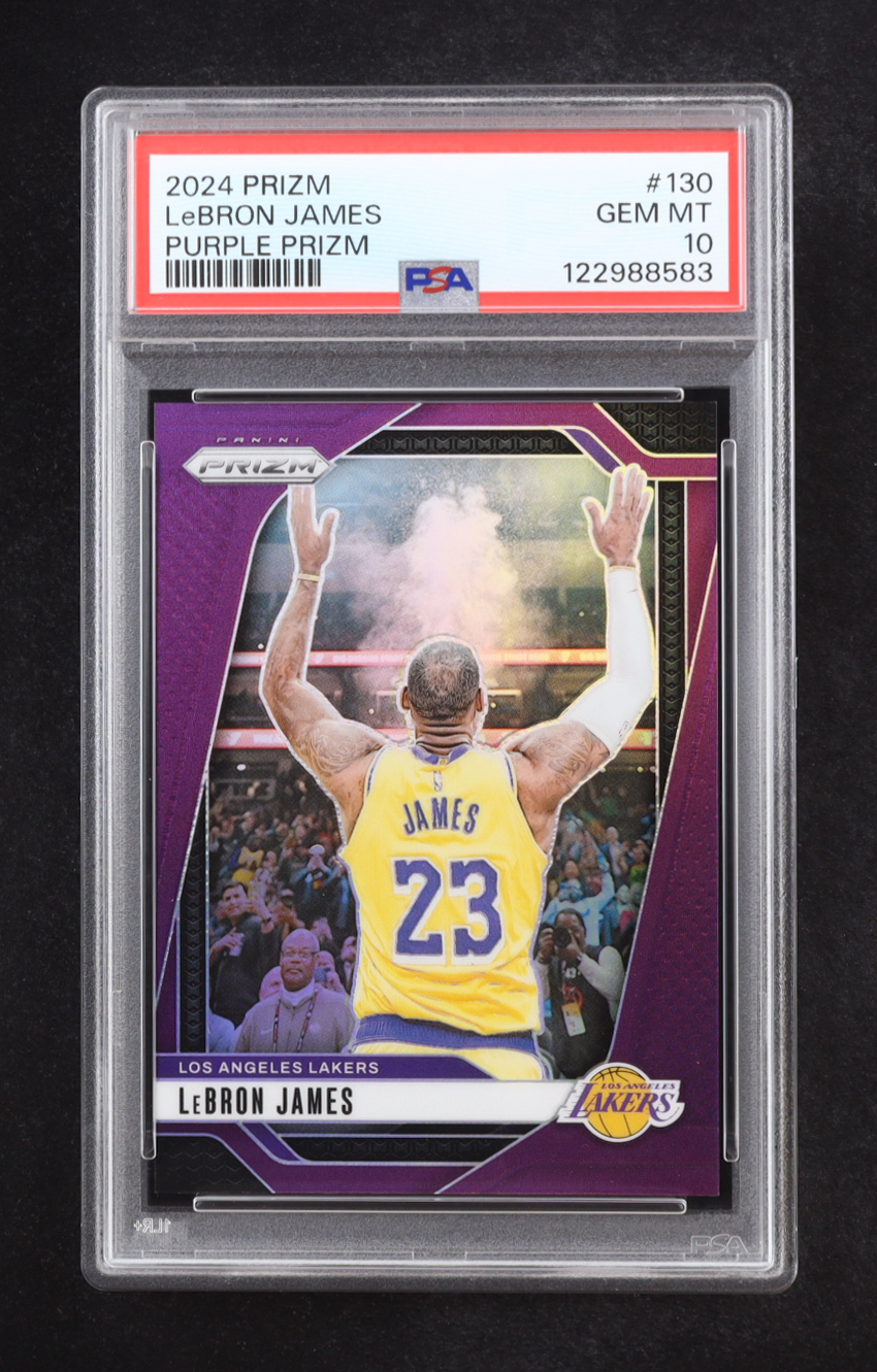 LeBron James 2024-25 Panini Prizm Prizms Purple #130 #18/99 (PSA 10) at PristineAuction.com LeBron James 2024-25 Panini Prizm Prizms Purple #130 #18/99 (PSA 10) at PristineAuction.com