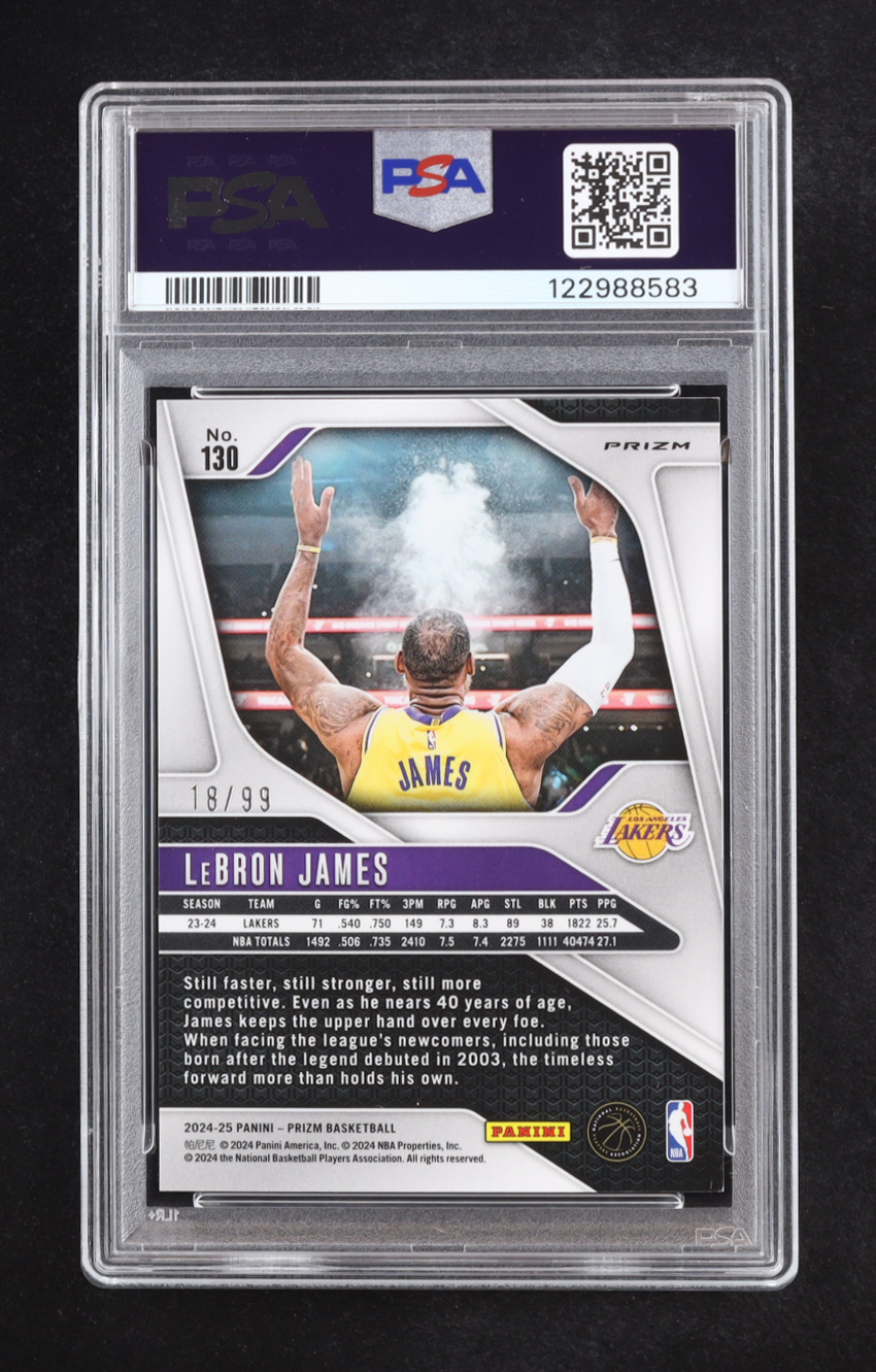 LeBron James 2024-25 Panini Prizm Prizms Purple #130 #18/99 (PSA 10) at PristineAuction.com LeBron James 2024-25 Panini Prizm Prizms Purple #130 #18/99 (PSA 10) at PristineAuction.com