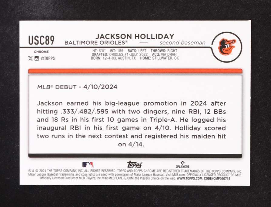 Jackson Holliday 2024 Topps Chrome Update Magenta Refractors #USC89 #8/399 RC at PristineAuction.com Jackson Holliday 2024 Topps Chrome Update Magenta Refractors #USC89 #8/399 RC at PristineAuction.com