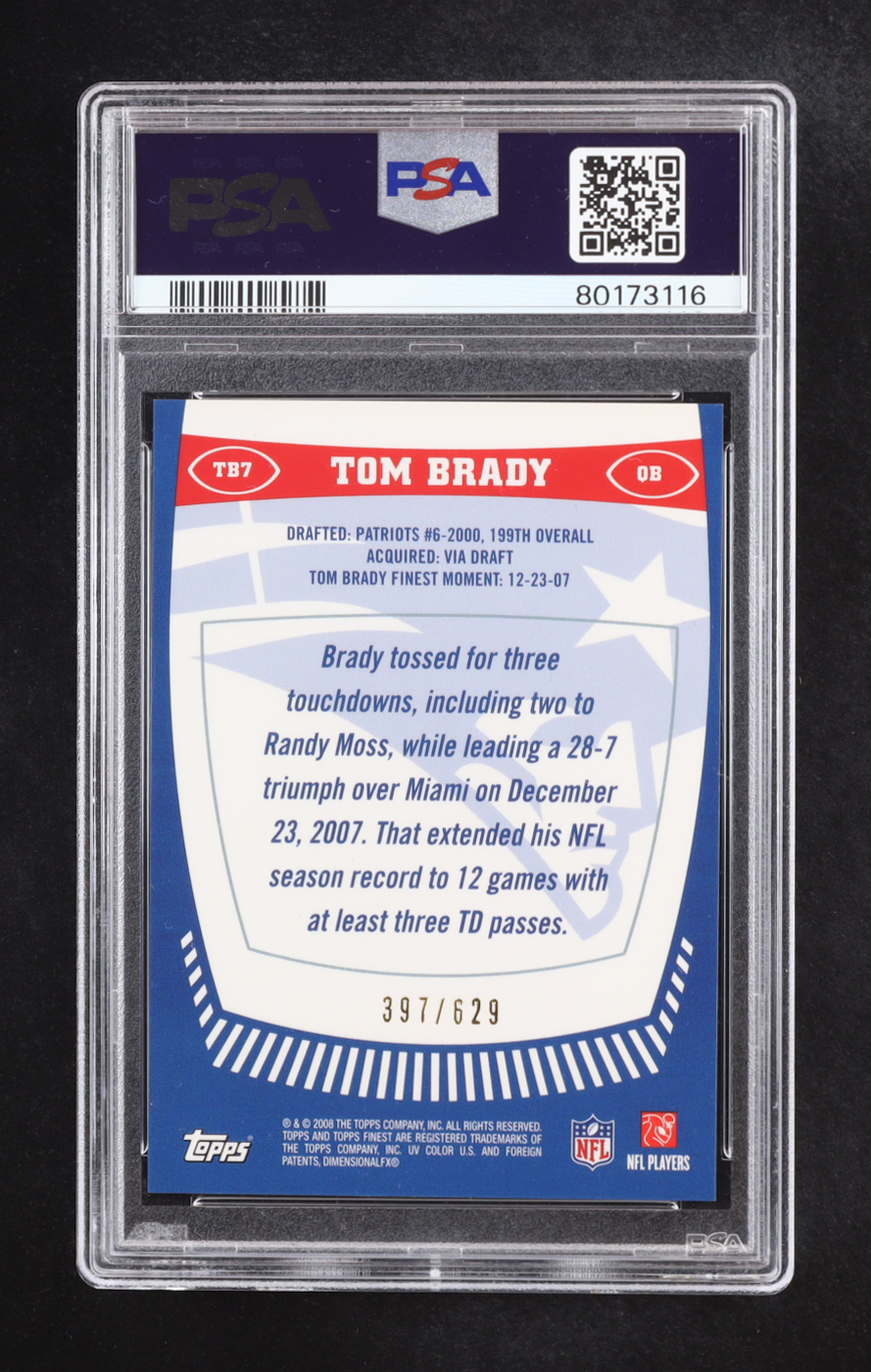 Tom Brady 2008 Finest Tom Brady Finest Moments #TB7 #397/629 (PSA 8) at PristineAuction.com Tom Brady 2008 Finest Tom Brady Finest Moments #TB7 #397/629 (PSA 8) at PristineAuction.com