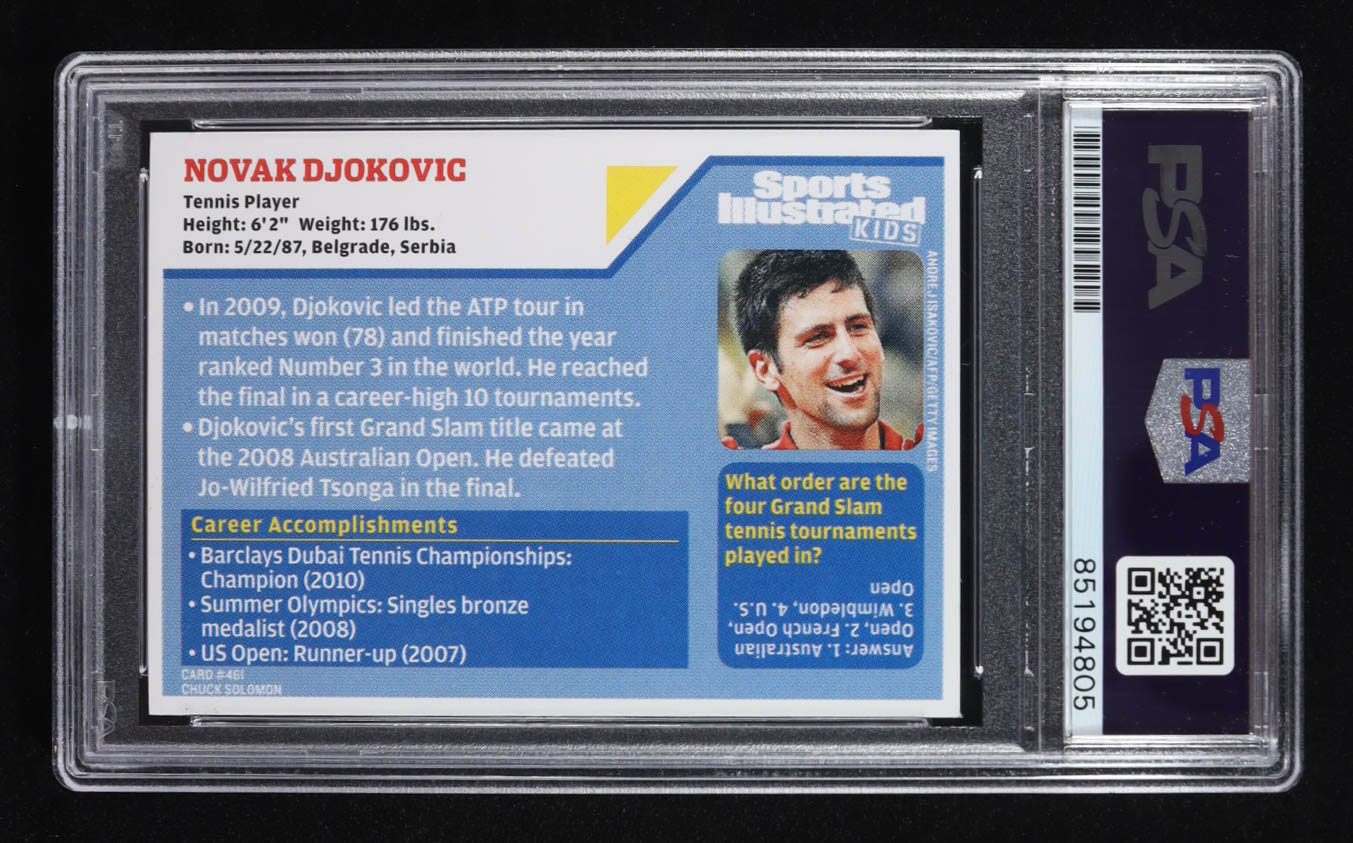 Novak Djokovic Signed 2010 Sports Illustrated Kids Trading Card Auto #461 RC (PSA | Autograph Grade PSA Authentic) at PristineAuction.com Novak Djokovic Signed 2010 Sports Illustrated Kids Trading Card Auto #461 RC (PSA | Autograph Grade PSA Authentic) at PristineAuction.com