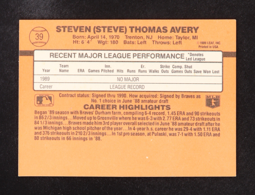 Steve Avery 1990 Donruss #39 RR RC at PristineAuction.com Steve Avery 1990 Donruss #39 RR RC at PristineAuction.com