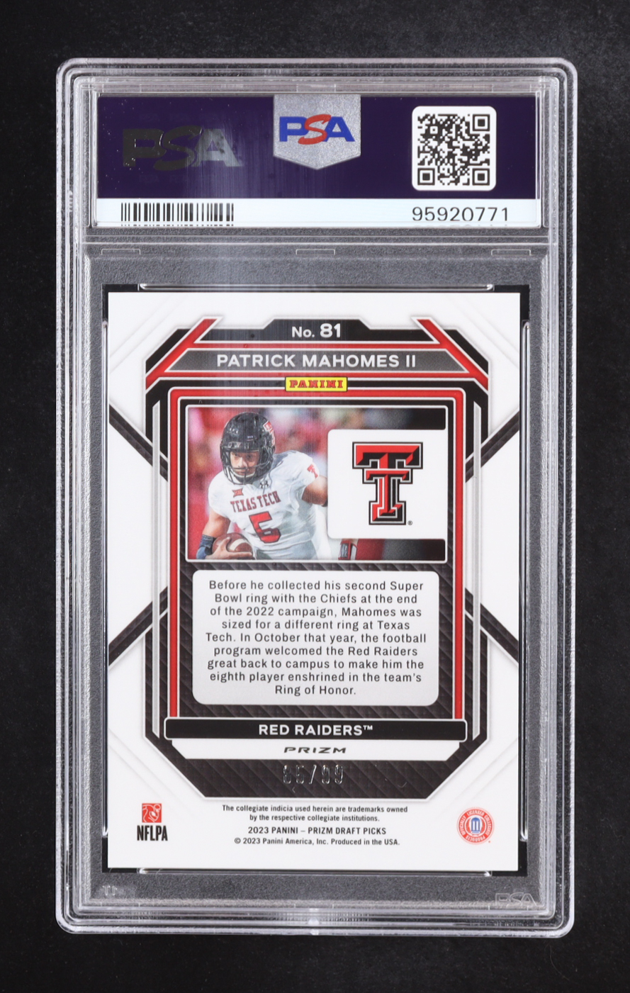 Patrick Mahomes II 2023 Panini Prizm Draft Picks Prizms Blue Ice #81 #85/99 (PSA 9) at PristineAuction.com Patrick Mahomes II 2023 Panini Prizm Draft Picks Prizms Blue Ice #81 #85/99 (PSA 9) at PristineAuction.com