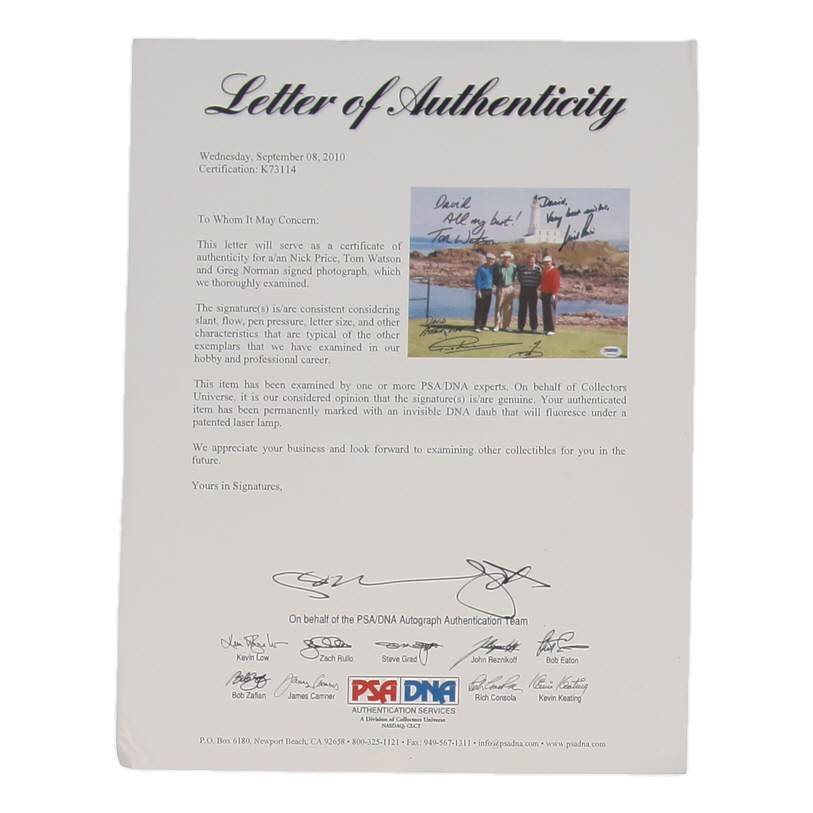 Nick Price, Tom Watson & Greg Norman Signed 8x10 Photo Inscribed "All My Best!", "Very Best Wishes" & "Attack Life" With Hand-Drawn Sketch (PSA) at PristineAuction.com Nick Price, Tom Watson & Greg Norman Signed 8x10 Photo Inscribed "All My Best!", "Very Best Wishes" & "Attack Life" With Hand-Drawn Sketch (PSA) at PristineAuction.com