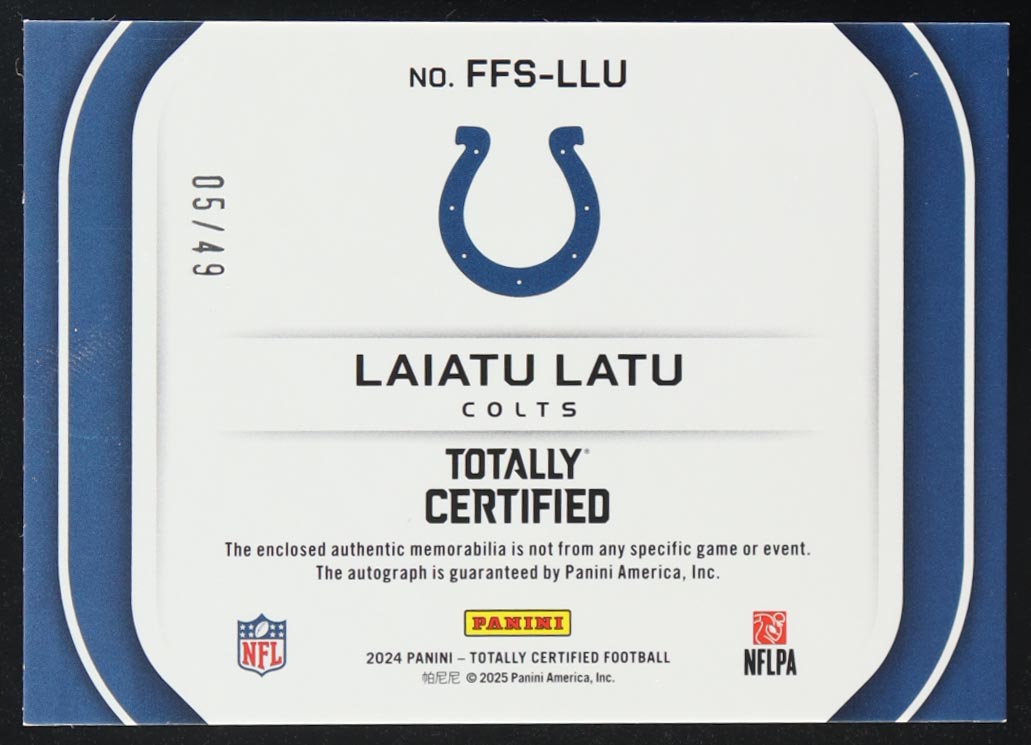 Laiatu Latu 2024 Totally Certified Freshman Fabric Signatures Mirror Platinum White #25 #05/49 RC at PristineAuction.com Laiatu Latu 2024 Totally Certified Freshman Fabric Signatures Mirror Platinum White #25 #05/49 RC at PristineAuction.com