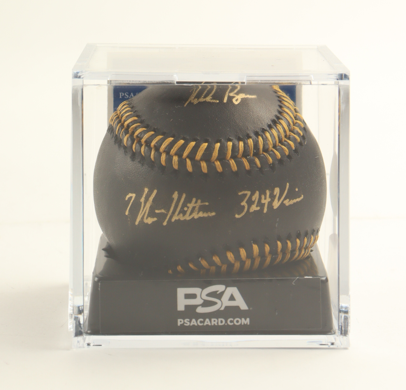 Nolan Ryan Signed OML Black Leather Baseball with Display Case Inscribed "7 No-Hitters" & "324 Wins" & "5,714 K's" (PSA 8.5) at PristineAuction.com Nolan Ryan Signed OML Black Leather Baseball with Display Case Inscribed "7 No-Hitters" & "324 Wins" & "5,714 K's" (PSA 8.5) at PristineAuction.com