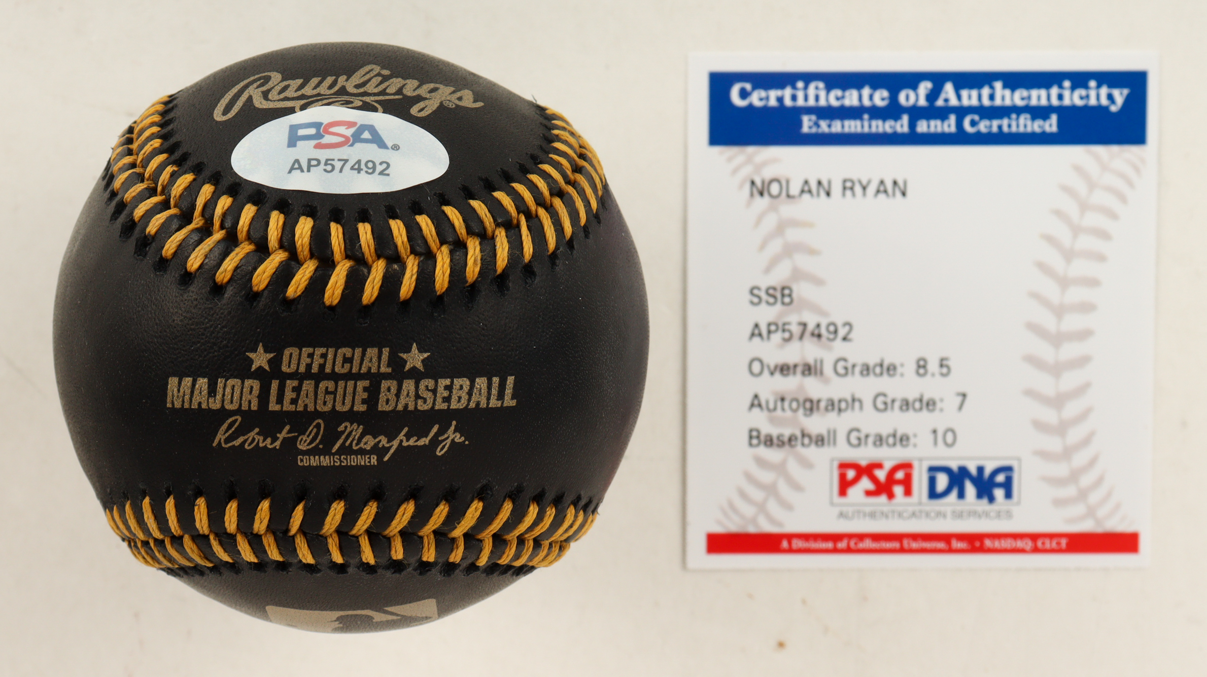 Nolan Ryan Signed OML Black Leather Baseball with Display Case Inscribed "7 No-Hitters" & "324 Wins" & "5,714 K's" (PSA 8.5) at PristineAuction.com Nolan Ryan Signed OML Black Leather Baseball with Display Case Inscribed "7 No-Hitters" & "324 Wins" & "5,714 K's" (PSA 8.5) at PristineAuction.com