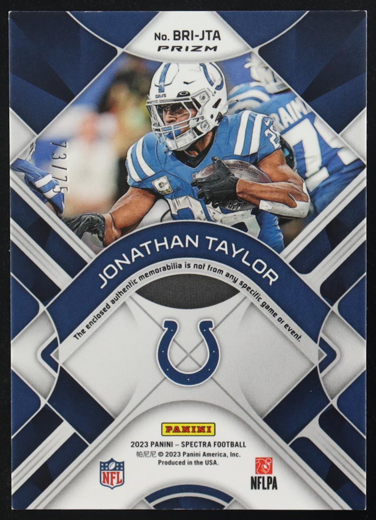 Jonathan Taylor 2023 Panini Spectra Brilliance Materials Celestial #10 #73/75 at PristineAuction.com Jonathan Taylor 2023 Panini Spectra Brilliance Materials Celestial #10 #73/75 at PristineAuction.com