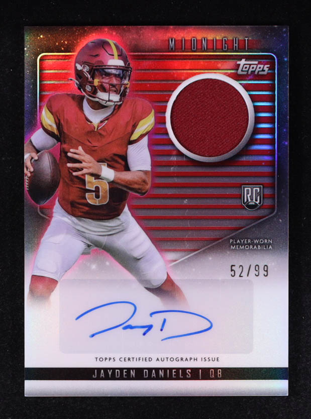 Jayden Daniels 2024 Topps Midnight Rookie Jersey Autographs Twilight #RJAJD #52/99 RC at PristineAuction.com Jayden Daniels 2024 Topps Midnight Rookie Jersey Autographs Twilight #RJAJD #52/99 RC at PristineAuction.com