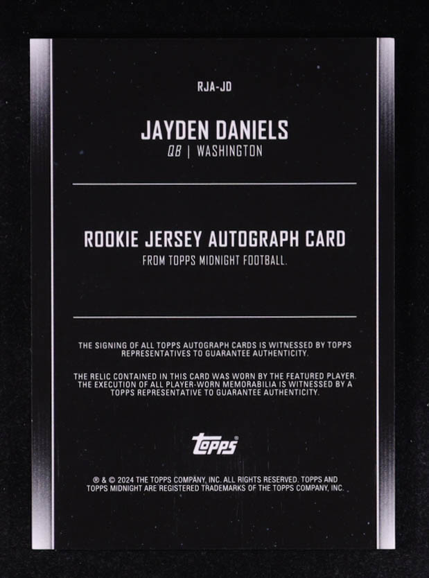Jayden Daniels 2024 Topps Midnight Rookie Jersey Autographs Twilight #RJAJD #52/99 RC at PristineAuction.com Jayden Daniels 2024 Topps Midnight Rookie Jersey Autographs Twilight #RJAJD #52/99 RC at PristineAuction.com