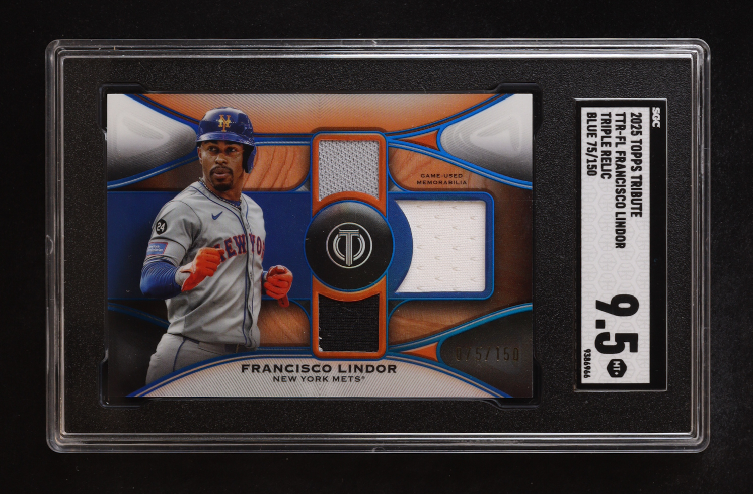 Francisco Lindor 2025 Topps Tribute Triple Relics Blue #TTRFL #75/150 (SGC 9.5) at PristineAuction.com Francisco Lindor 2025 Topps Tribute Triple Relics Blue #TTRFL #75/150 (SGC 9.5) at PristineAuction.com