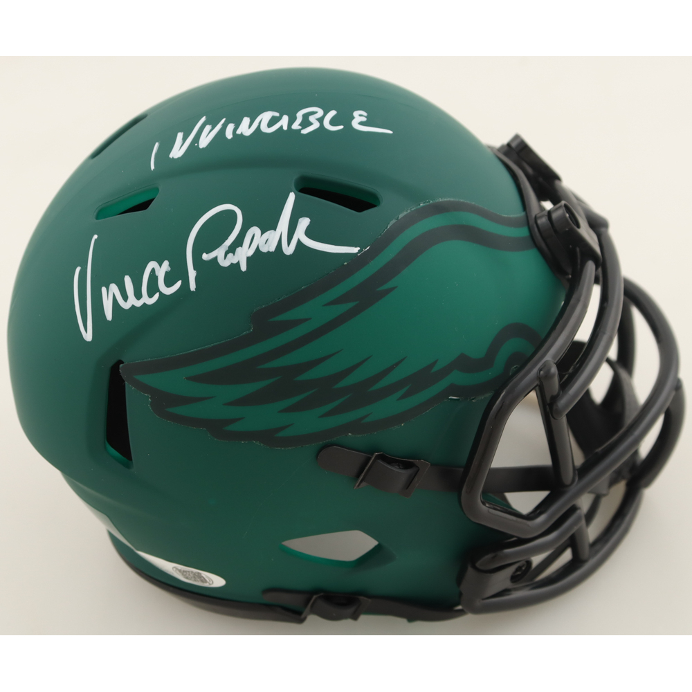 Vince Papale Signed Eagles Rave Alternate Speed Mini Helmet Inscribed "Invincible" (JSA) at PristineAuction.com Vince Papale Signed Eagles Rave Alternate Speed Mini Helmet Inscribed "Invincible" (JSA) at PristineAuction.com