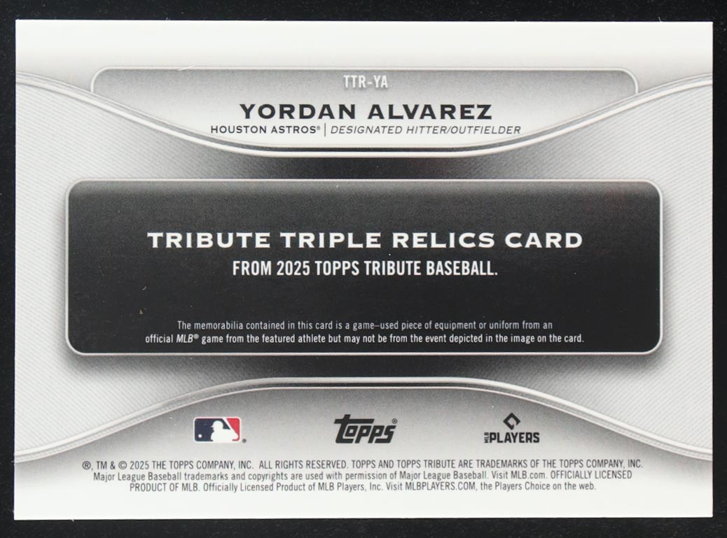 Yordan Alvarez 2025 Topps Tribute Triple Relics #TTR-YA #061/150 at PristineAuction.com Yordan Alvarez 2025 Topps Tribute Triple Relics #TTR-YA #061/150 at PristineAuction.com