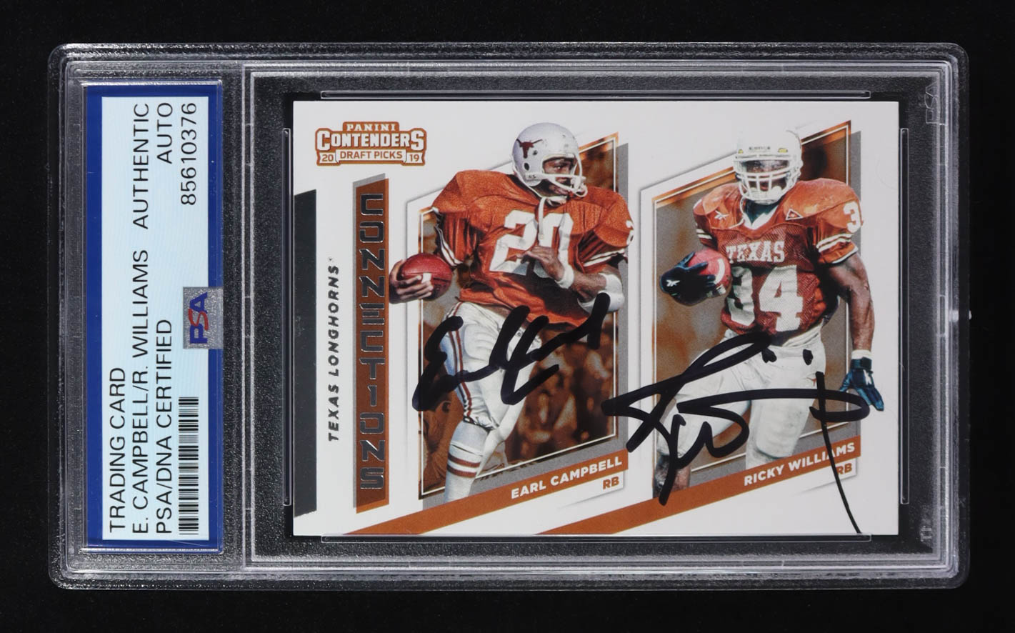 Earl Campbell & Ricky Williams Signed 2019 Panini Contenders Draft Picks Collegiate Connections #19 (PSA | Auto Grade PSA Authentic) at PristineAuction.com Earl Campbell & Ricky Williams Signed 2019 Panini Contenders Draft Picks Collegiate Connections #19 (PSA | Auto Grade PSA Authentic) at PristineAuction.com