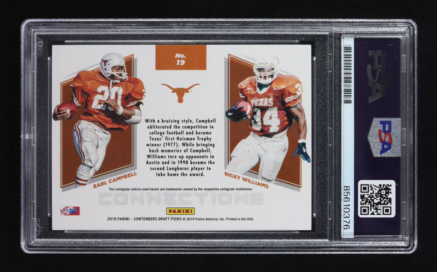 Earl Campbell & Ricky Williams Signed 2019 Panini Contenders Draft Picks Collegiate Connections #19 (PSA | Auto Grade PSA Authentic) at PristineAuction.com Earl Campbell & Ricky Williams Signed 2019 Panini Contenders Draft Picks Collegiate Connections #19 (PSA | Auto Grade PSA Authentic) at PristineAuction.com