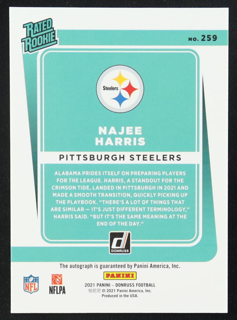 Najee Harris 2021 Panini Donruss Rated Rookie Orange Parallel Autographs #259 RC at PristineAuction.com Najee Harris 2021 Panini Donruss Rated Rookie Orange Parallel Autographs #259 RC at PristineAuction.com