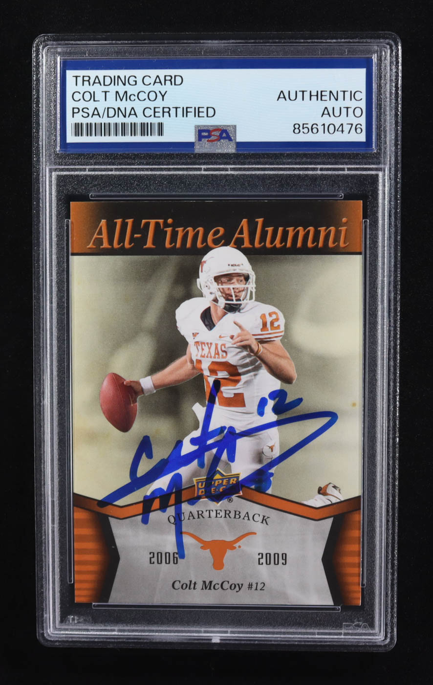 Colt McCoy Signed 2011 Upper Deck Texas All-Time Alumni #ATACM (PSA | Auto Grade Authentic) at PristineAuction.com Colt McCoy Signed 2011 Upper Deck Texas All-Time Alumni #ATACM (PSA | Auto Grade Authentic) at PristineAuction.com