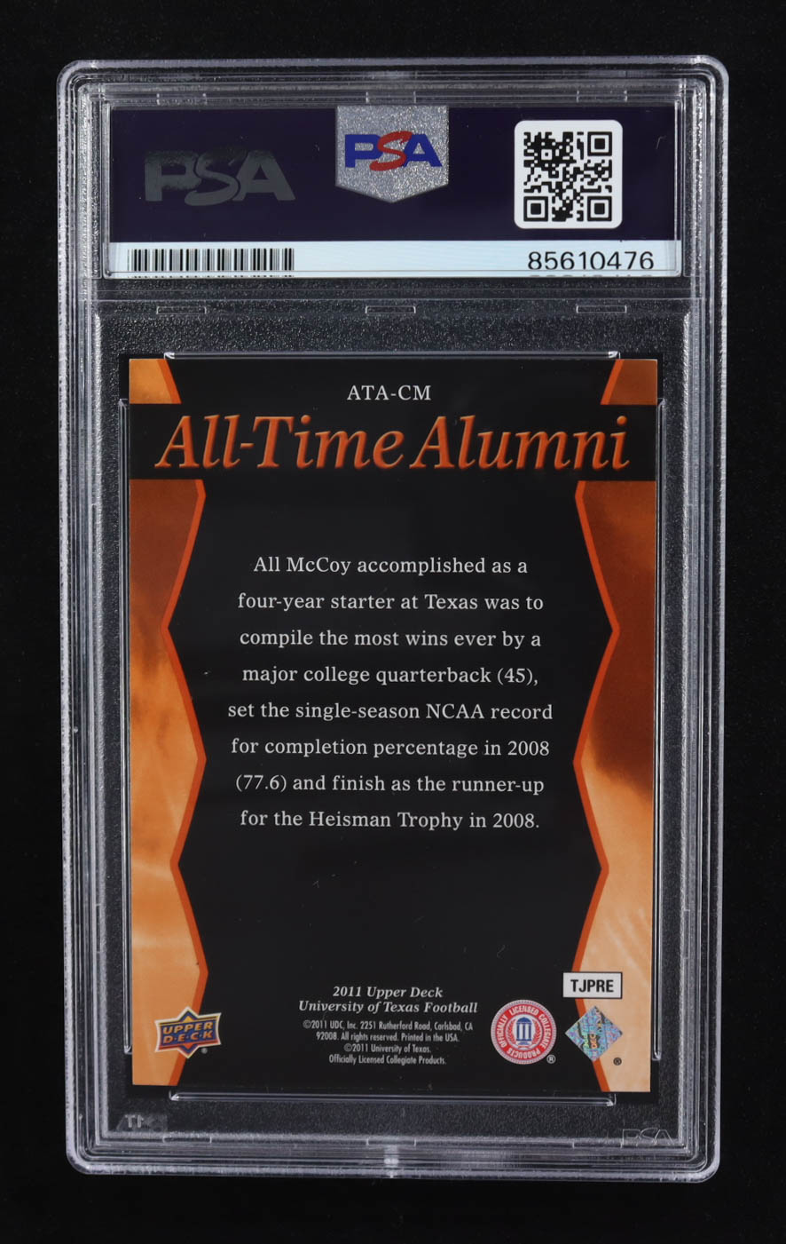 Colt McCoy Signed 2011 Upper Deck Texas All-Time Alumni #ATACM (PSA | Auto Grade Authentic) at PristineAuction.com Colt McCoy Signed 2011 Upper Deck Texas All-Time Alumni #ATACM (PSA | Auto Grade Authentic) at PristineAuction.com