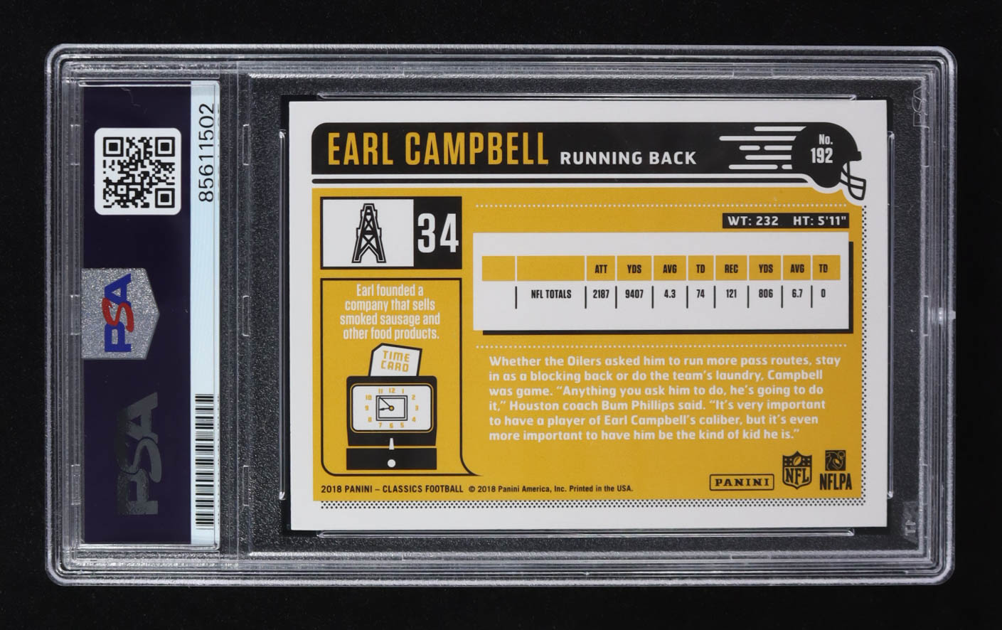 Earl Campbell Signed 2018 Classics #192 (PSA | Auto Grade PSA Authentic) at PristineAuction.com Earl Campbell Signed 2018 Classics #192 (PSA | Auto Grade PSA Authentic) at PristineAuction.com