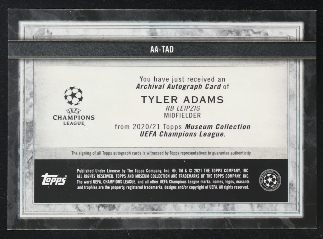 Tyler Adams 2021 Topps Archival Musuem Collection UEFA Champions League Autographs #AA-TAD #49/50 at PristineAuction.com Tyler Adams 2021 Topps Archival Musuem Collection UEFA Champions League Autographs #AA-TAD #49/50 at PristineAuction.com